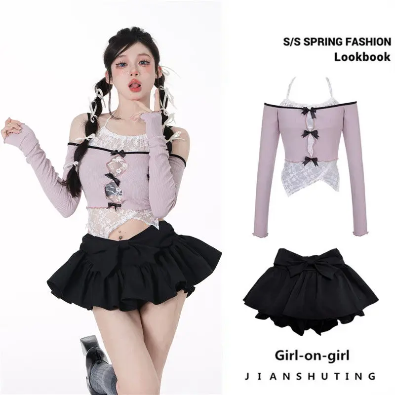 

Sexy Hot Girl Summer Two-piece Set Skirt Women Vintage Lace Splicing Hollowed T-shirt Long Sleeve Crop Top Y2k Party Dress Suit