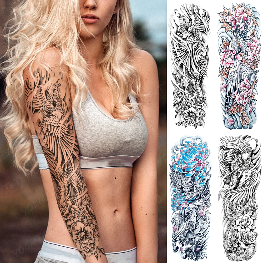 

Large Arm Tattoos Phoenix Bird Crane Koi Wing Feather Waterproof Temporary Tattoo Sticker Women Men Body Art Flower Fake Tatto