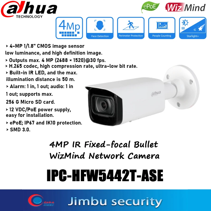

Dahua 4MP ePOE AI Night Vision Camera IPC-HFW5442T-ASE IR50M Face Detection Outdoor Waterproof Bullet WizMind Network Camera