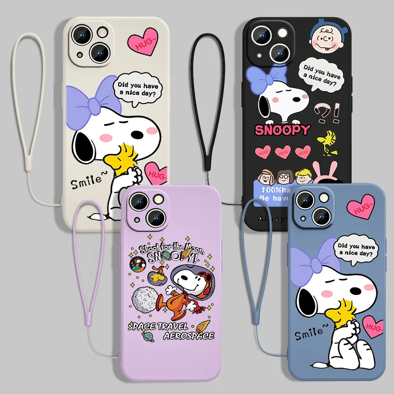 

PEANUTS Snoopy For Apple iPhone 13 12 11 Pro Max mini XS XR X 8 7 6S 6 Plus Liquid Rope With Lanyard Phone Case