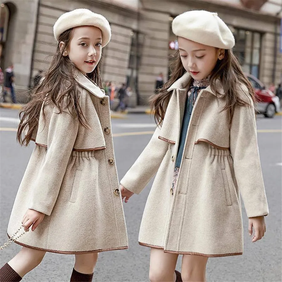 Children Girls Coats Outerwear Winter Girls Jackets Woolen Long Trench Teenagers Warm Clothes Kids Outfits For 8 10 12 14 Years