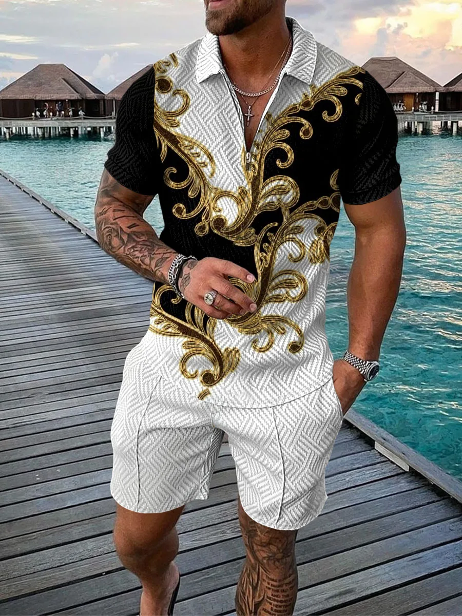 Men's Tracksuit Digital printing Short Sleeve Zipper Polo Shirt&Shorts Set For Men Casual Streetwear 2-Piece Suit 2023 Summer