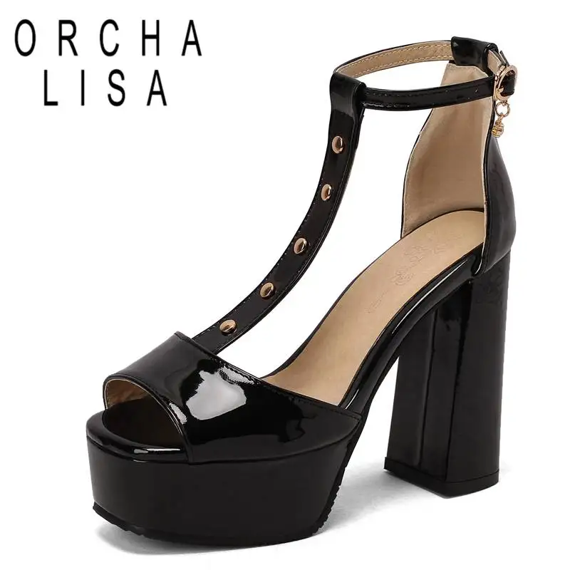 

ORCHA LISA Women Sandals Patent Leather Open Toe T-starp Cover Chunky High Heels 12.5cm Platform 4.5cm Party Large Size 48 49 50