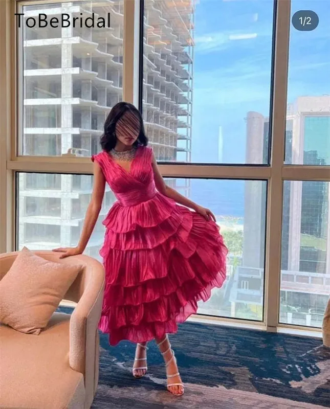 

Fashion V-neck Prom Dress A-line Organza Pleated Layered Tea Length Birthday Party Dress Women's Graduation Vestidos De Gala