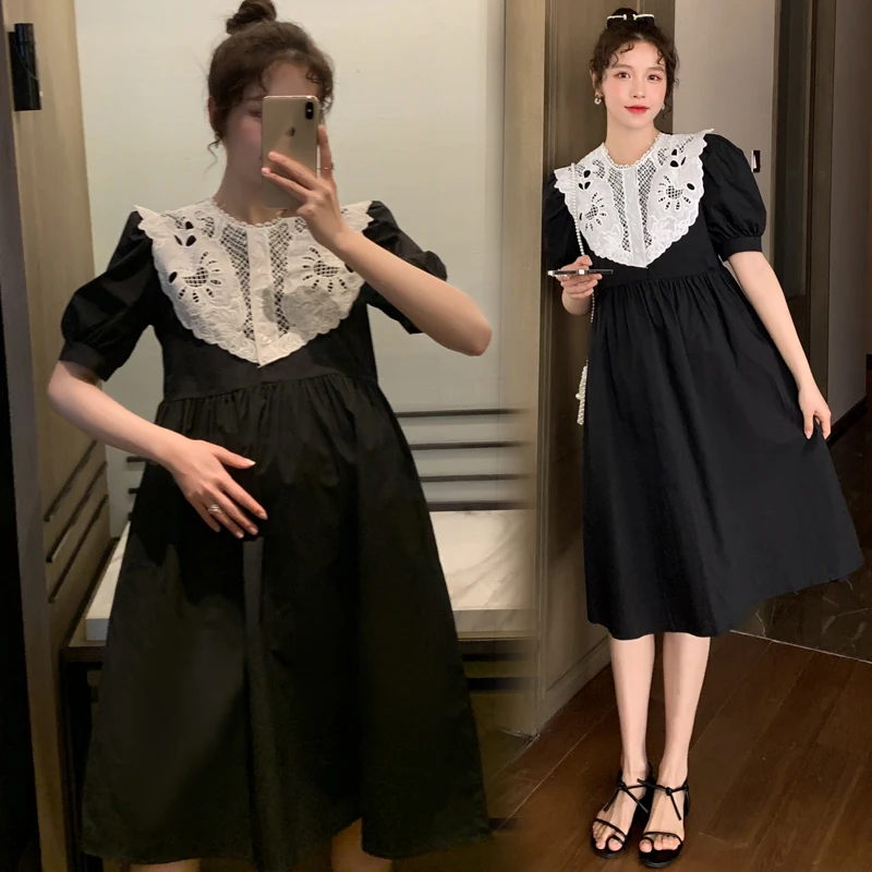 

6973# 2022 Summer Korean Fashion Maternity Dress Lace Patchwork Cotton A Line Slim Clothes for Pregnant Women Pregnancy Chic