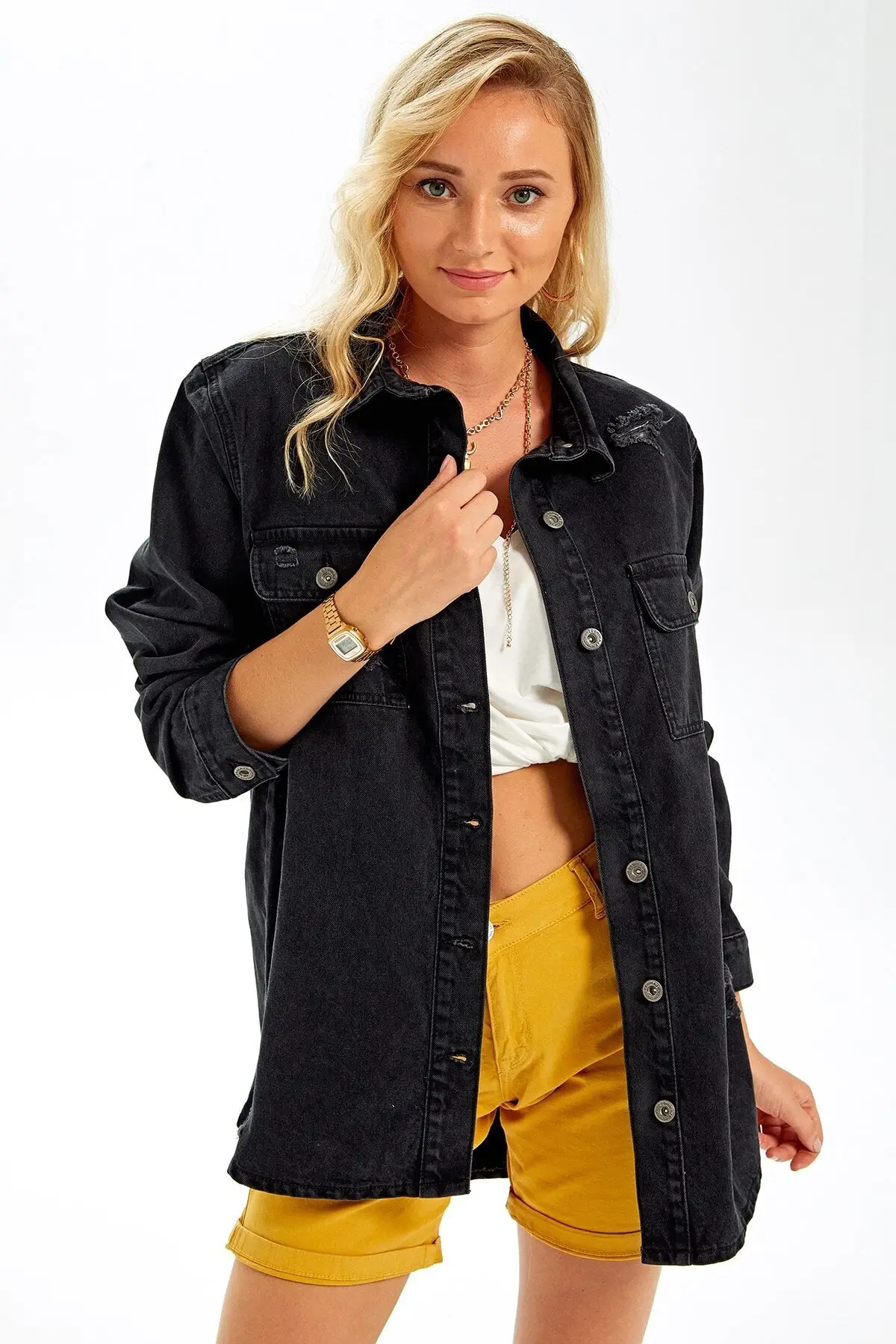 

Женская модная джинсовая куртка, пальто, джинсовая куртка Алисии черного цвета