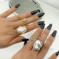 normcore irregular large pearl ring for women gold metal leaf knuckle ring statement rings pack jewelry set 2022 new trend