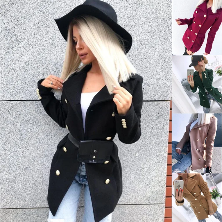 

2022Women's Autumn and Winter New Fashion Solid Color Long Sleeve Double Breasted Woolen Coat Slim Fit Winter Coat WomenElegant