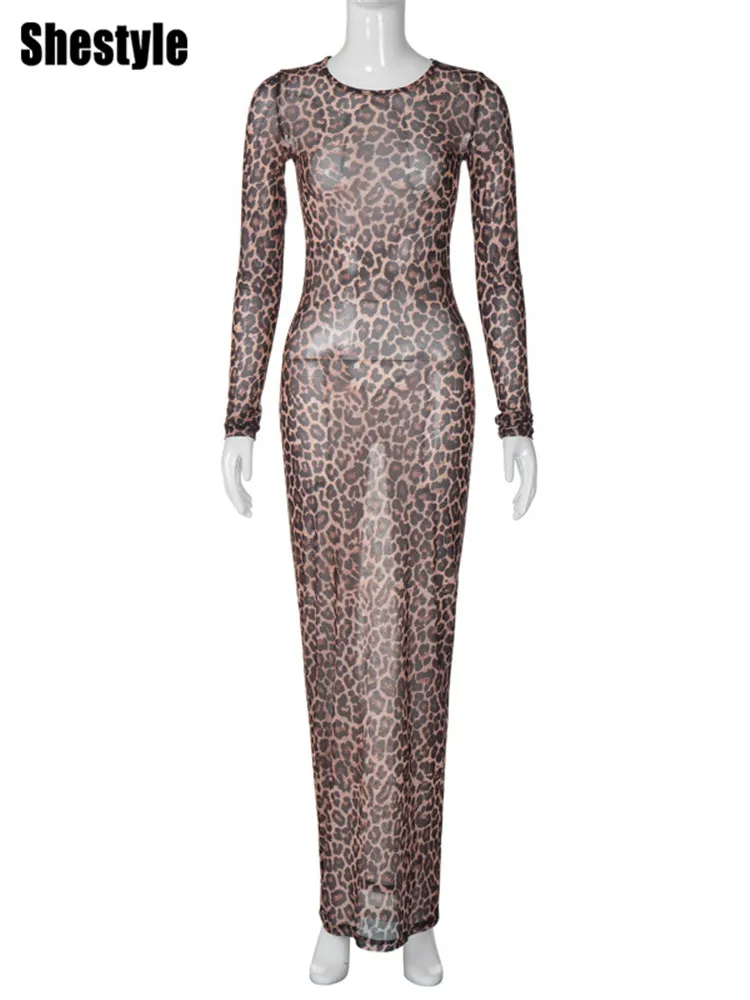 Женское леопардовое длинное платье-карандаш Shestyle с длинным рукавом и круглым
