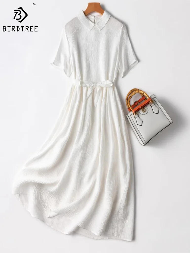 Birdtree 100%Natural Silk Guanle Crepe Dresses Relief Long White Dress Polo Collar Cool Doll Skirt Women Summer Dress D37565QM