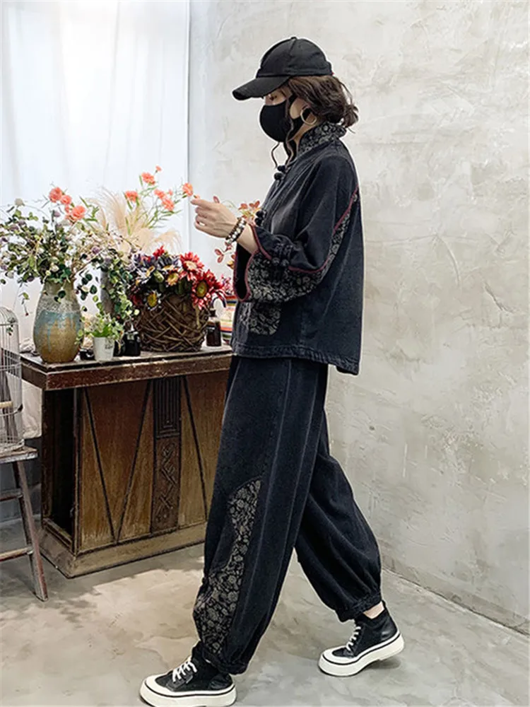 Винтажный джинсовый пиджак и брюки в китайском стиле осенний комплект большого