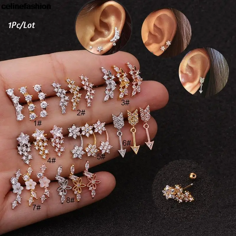 

1Piece 20g 3A Long Zircon Sur designs Stud Earring Cz rose gold silver color Cartilage Earring Party Piercing Jewelry For Women
