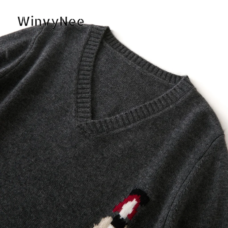 Фото Женская трикотажная блузка WinvyNee из кашемира с жаккардовым узором, толстым V-образным вырезом, длинными рукавами, с мультяшным рельефным принтом, мягкая, уютная, повседневная, модная, A1734001 №5