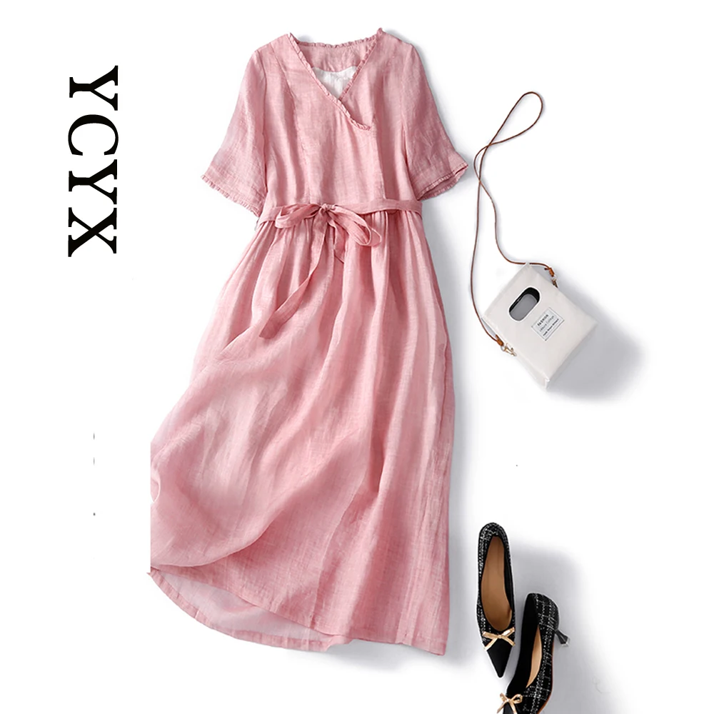 

YCYX Thin Linen Long Dresses Women Summer V-Neck Floral Dresses Comfortable Elastic Waist Party Office Belt Vestidos Hot YCYX054