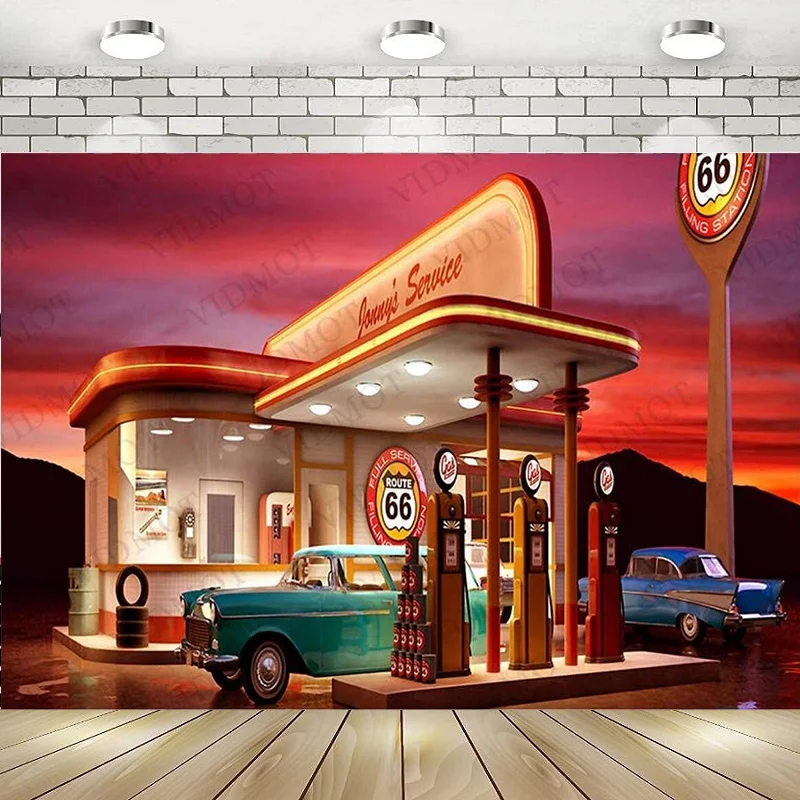 

Photography Backdrop Bathday Party Route 66 Gas Station Vintage Car Background Photo Banner Poster Decoration Party Baby Showe