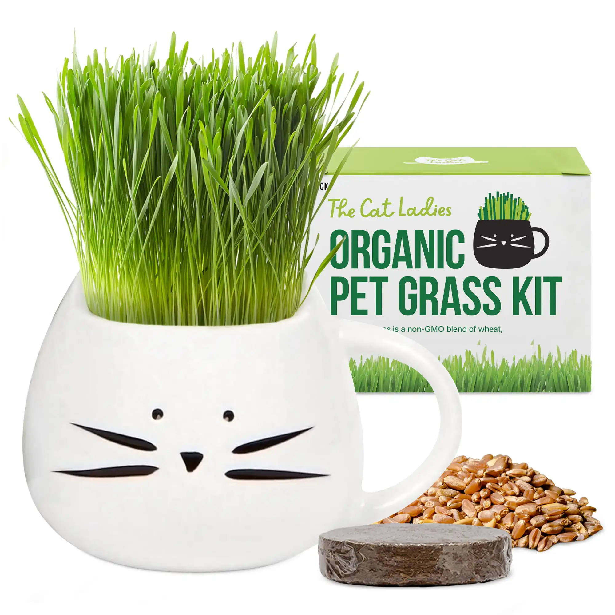 

Organic Cat Grass Growing Kit with Organic Seed Mix Organic Soil and Cat Planter Natural Hairball Control and Remedy