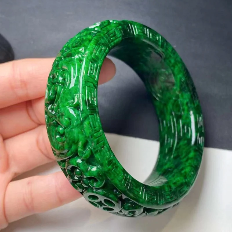 Натуральный Изумрудный полностью зеленый резной нефритовый браслет из Мьянмы