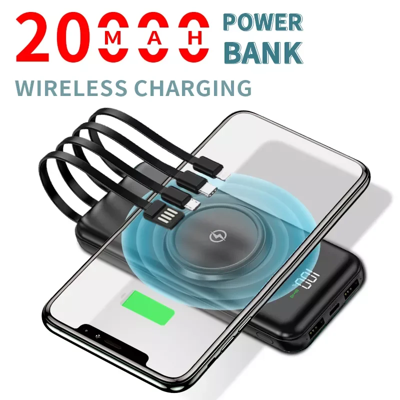 

NEW2023 20000mAh Wireless Charging Power Bank Portable Charging Digital Display External Battery 4 USB Power Bank for iPhone Pov