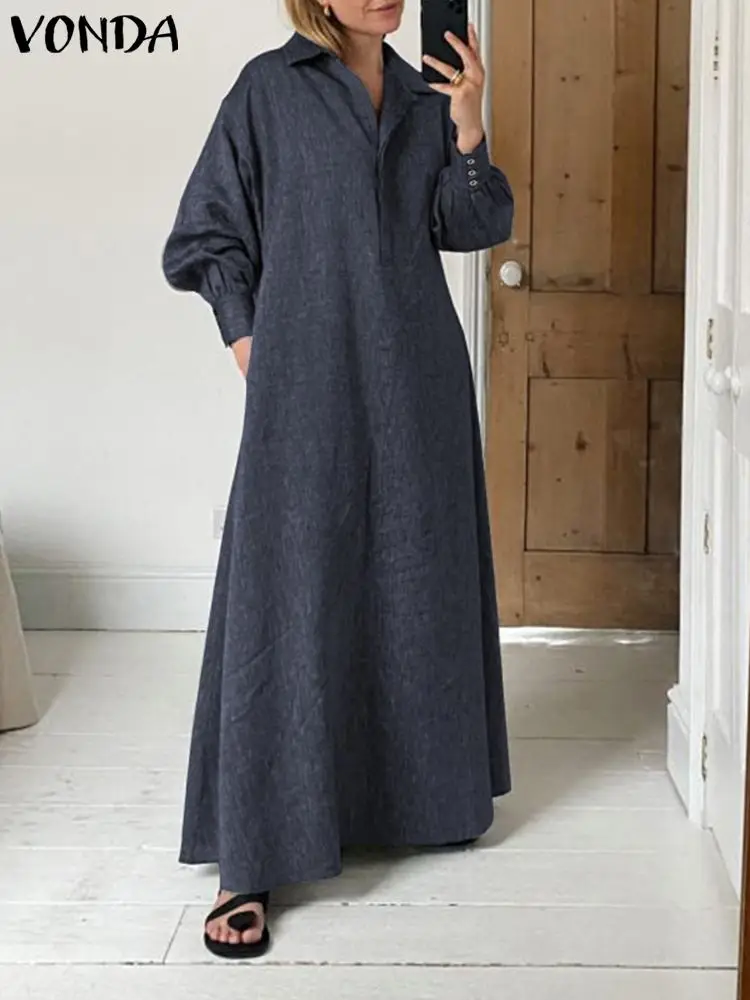 

VONDA винтажное платье-кафтан с воротником-стойкой сарафан с карманом 2022 женское бридное однотонное Длинное Макси-платье большого размера