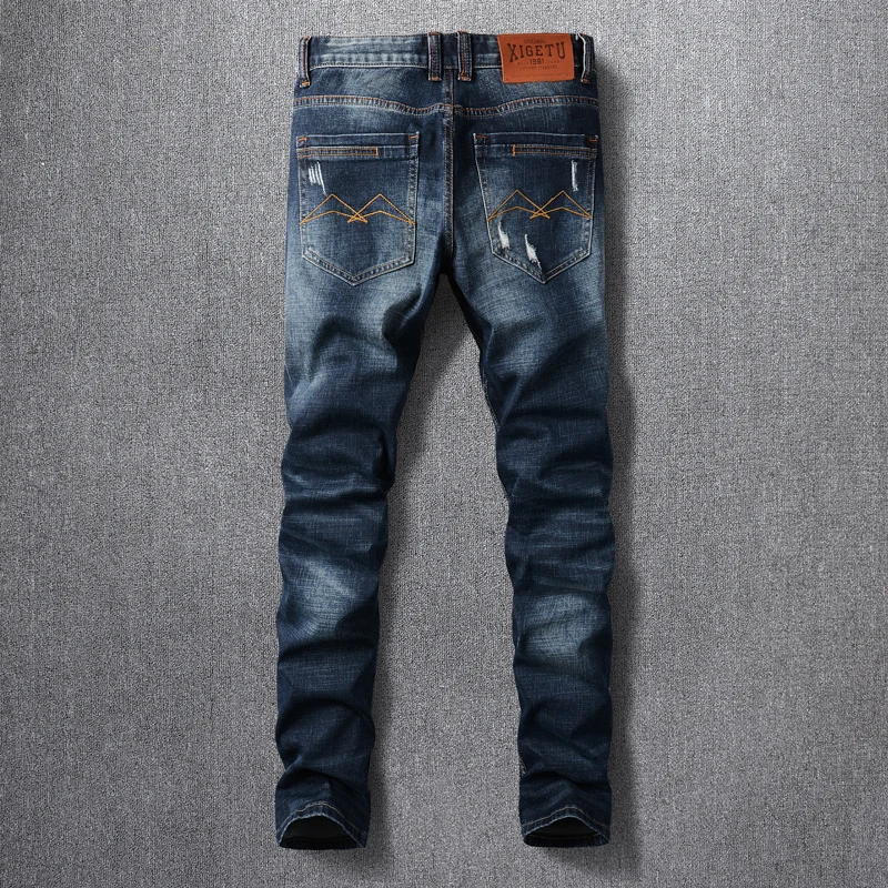 Newly Designer Fashion Men Jeans High Quality Retro Black Blue Elastic Slim Fit Hole Ripped Jeans Men Vintage Denim Pants Hombre