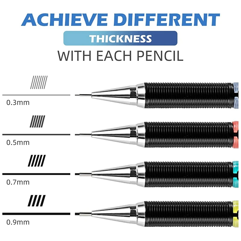 

Набор механических карандашей 0,3, 0,5, 0,7 и 0,9 мм, автоматический карандаш, 4 шт. с ластиками и свинцовыми заправками для письма студентами