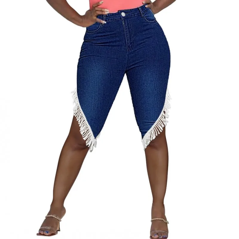 

Fashion Fringed Denim Mid Pants Women's Blue High Waist Skinny Pants Asymmetric Street Stretch Overalls 2022 Summer New S 3XL