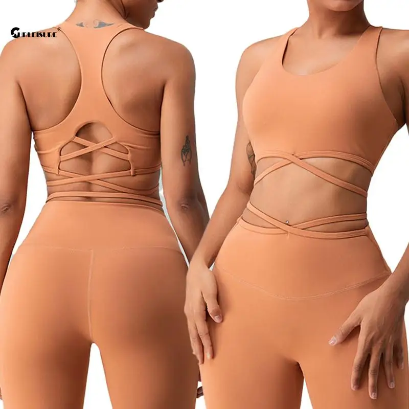 

CHRLEISURE Waistband Cross-Over Yoga Suit for Women Naked Feeling Running Outfit High-Waisted Wide-Leg Pants with Running Bra