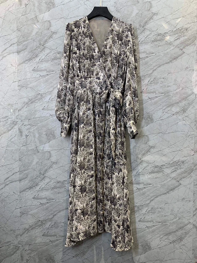 

2022 new women Fashion Lantern Long Sleeve V Neck Print Side Tie Slim Fit Long Dress 825