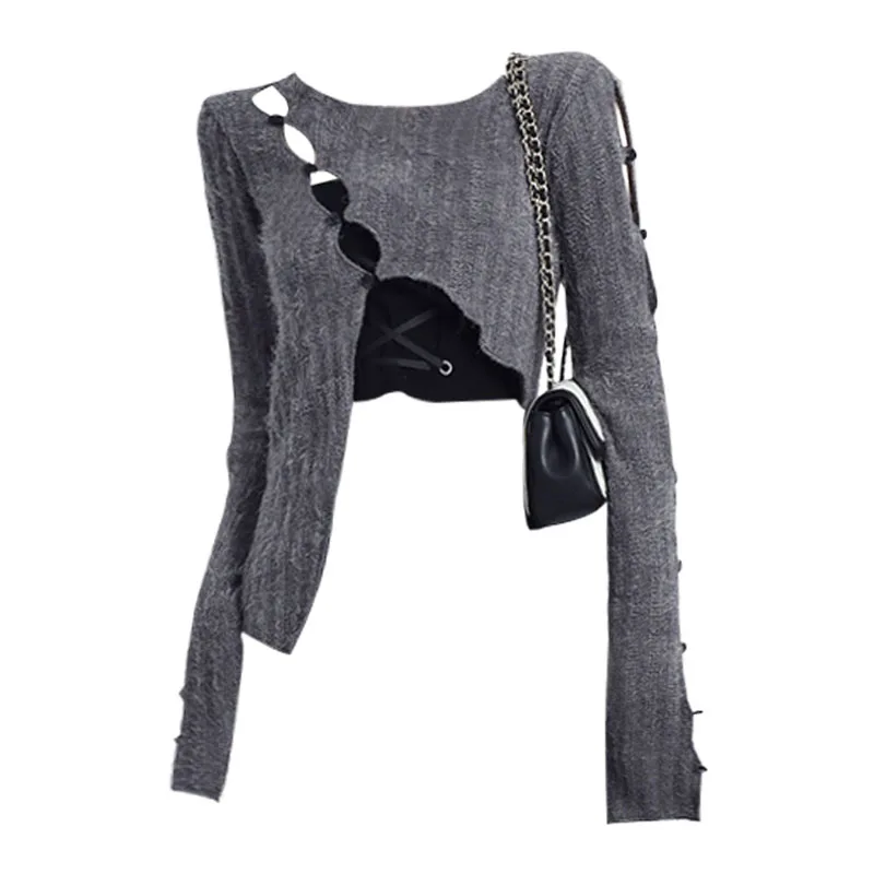 

Сексуальный Асимметричный вязаный Топ Harajuku Y2K, пуловеры, уличная одежда, пуловер с длинным рукавом и разрезом в Корейском стиле, тонкие свит...