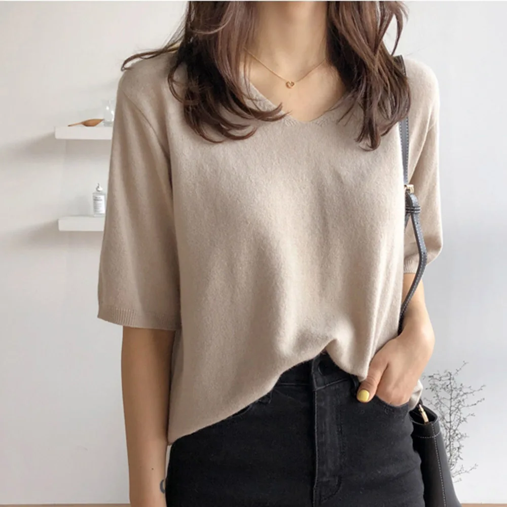 

Ice Silk T-Shirt Women Summer Deep V Short-Sleeved Knitting Korean Japanese Style Casual Female Loose Retro Tops T Shirts