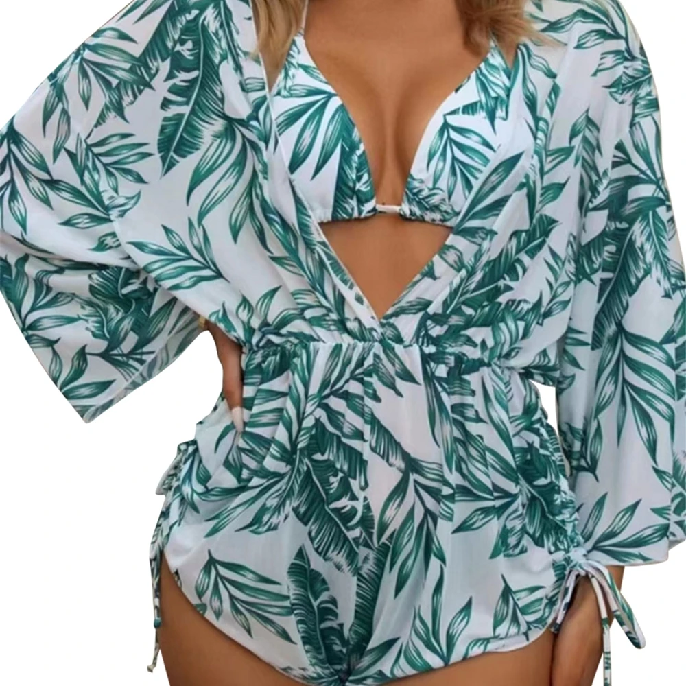 Three Piece Set Plain V-neck Bikini Set Hollow Out Tunic Loose Cover Up For Woman 2023 Lace Up Halter Triangle Bikini Swimsuit