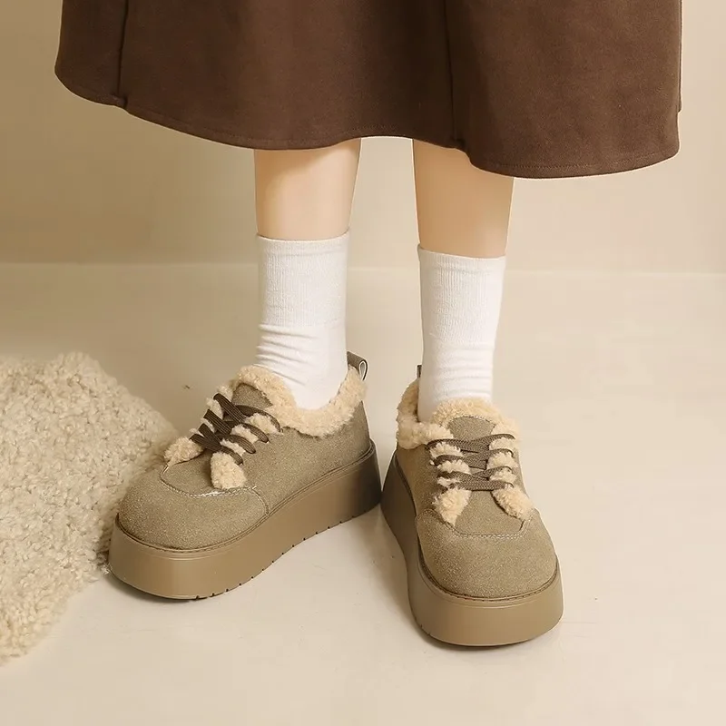 Casual Woman Shoe Loafers With Fur Clogs Platform Round Toe Modis Slip-on New Creepers 2024 Winter Lace-Up Solid Leisure Fashion
