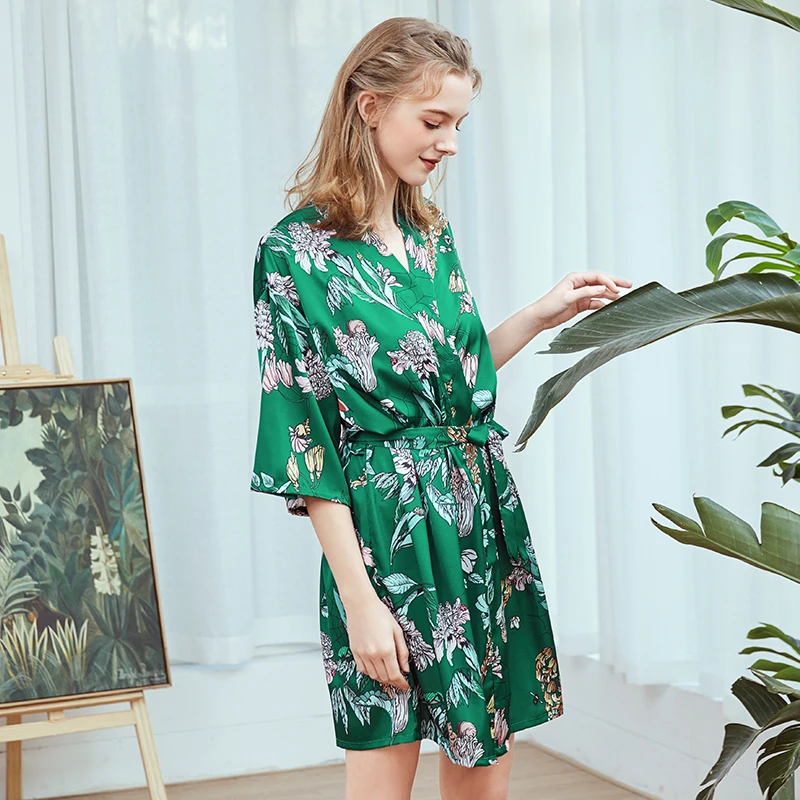 Roseheart  Fashion Green Sexy Women Robe Lingerie Sleepwear Faux Silk Printed Nightgown Plus Size Bathrobe Woven Pajama