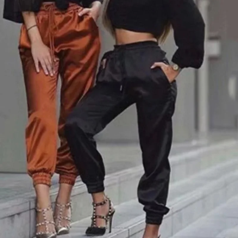 

High Waist Satin Pants Women Black Joggers Women Trousers Casual Pants Cargo Sweatpants Korean Red Fall 2023