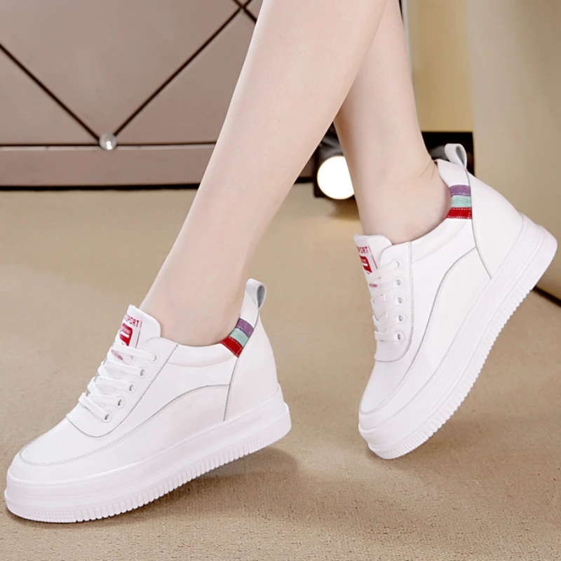 

White Platform Sneakers Women Breathable Internal Height Increase Lace Up Flat Shoes Casual Trainers Zapatillas Deportivas Mujer