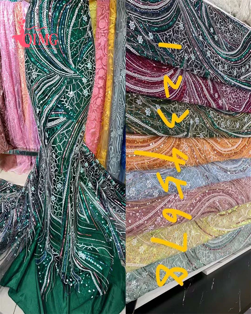 

Нигерийская французская кружевная ткань с блестками, ручная работа 2023, вышитая африканскими бусинами, сетчатая кружевная ткань для женского шитья