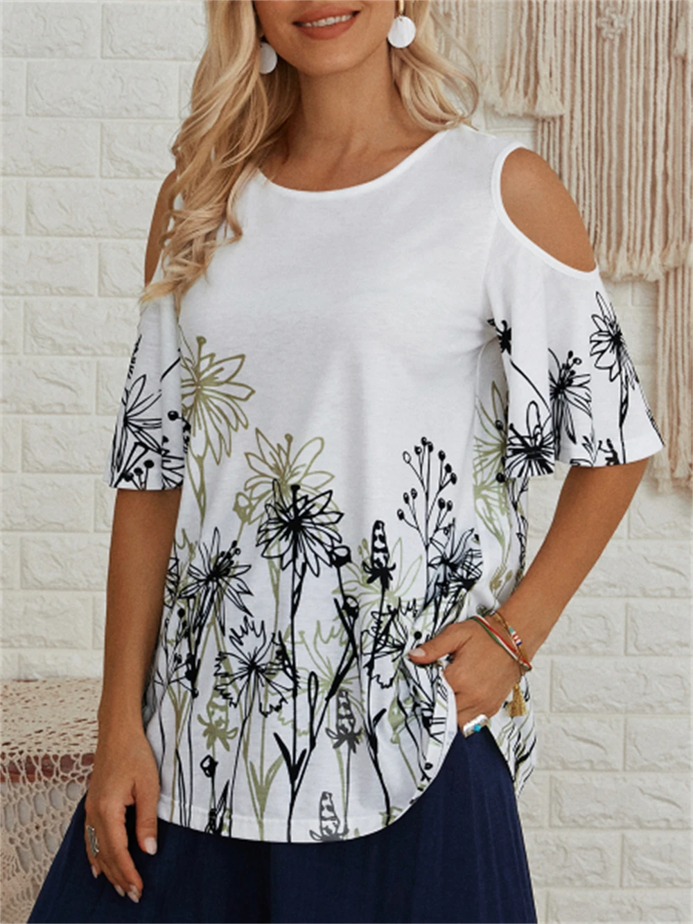 

Charmingtrend Summer O-Neck Print Hollow Out T-Shirt Women Short Sleeve Tops Ladies Loose Pullover Female Clothes