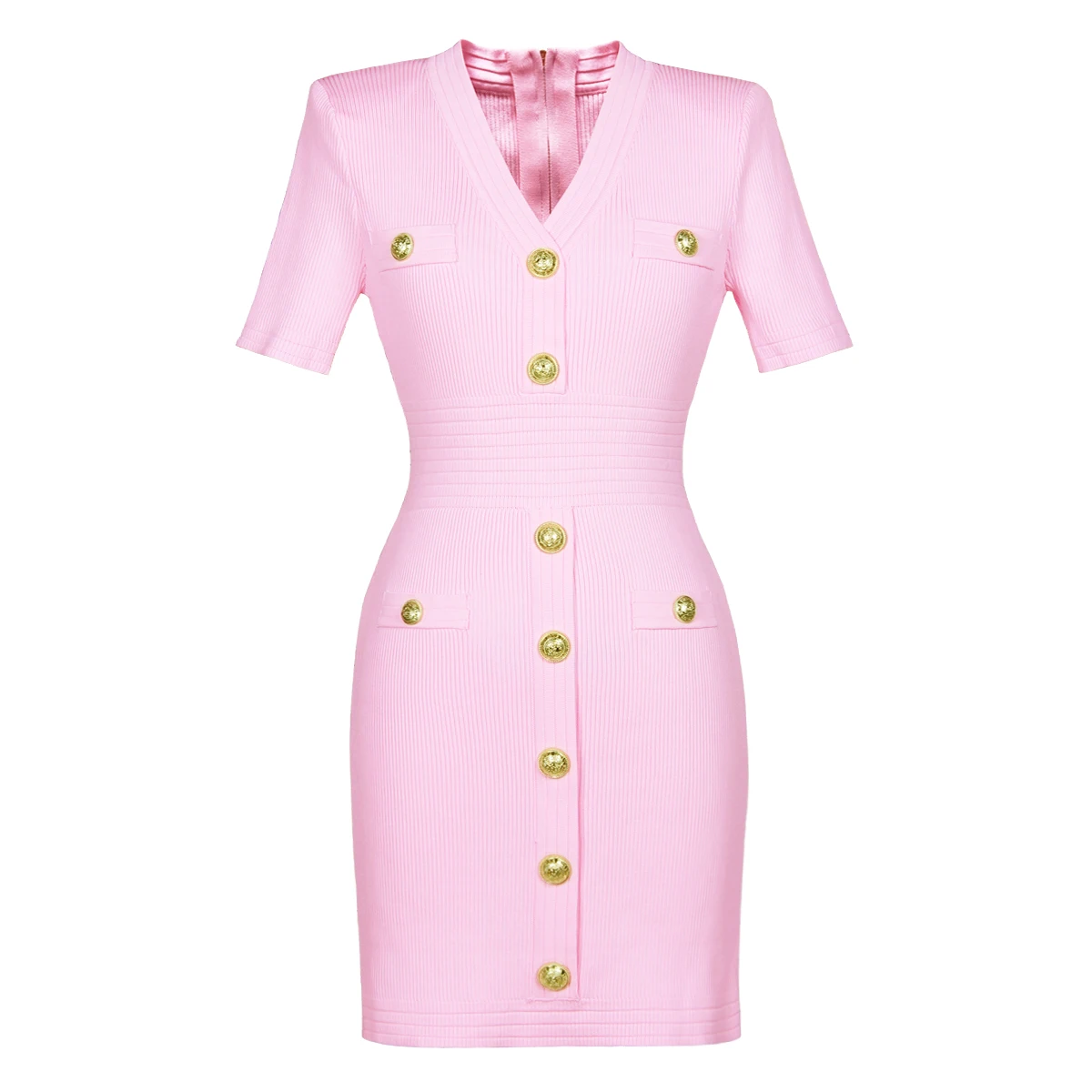 Женское трикотажное платье миди с V-образным вырезом и пуговицами-гвоздиками