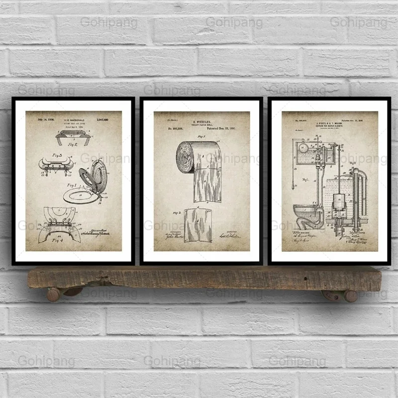 

Bathroom Toilet Wall Decoration Canvas Painting Flush Toilet Paper Toilet Lid Patent Vintage Wall Painting Washingroom Decor