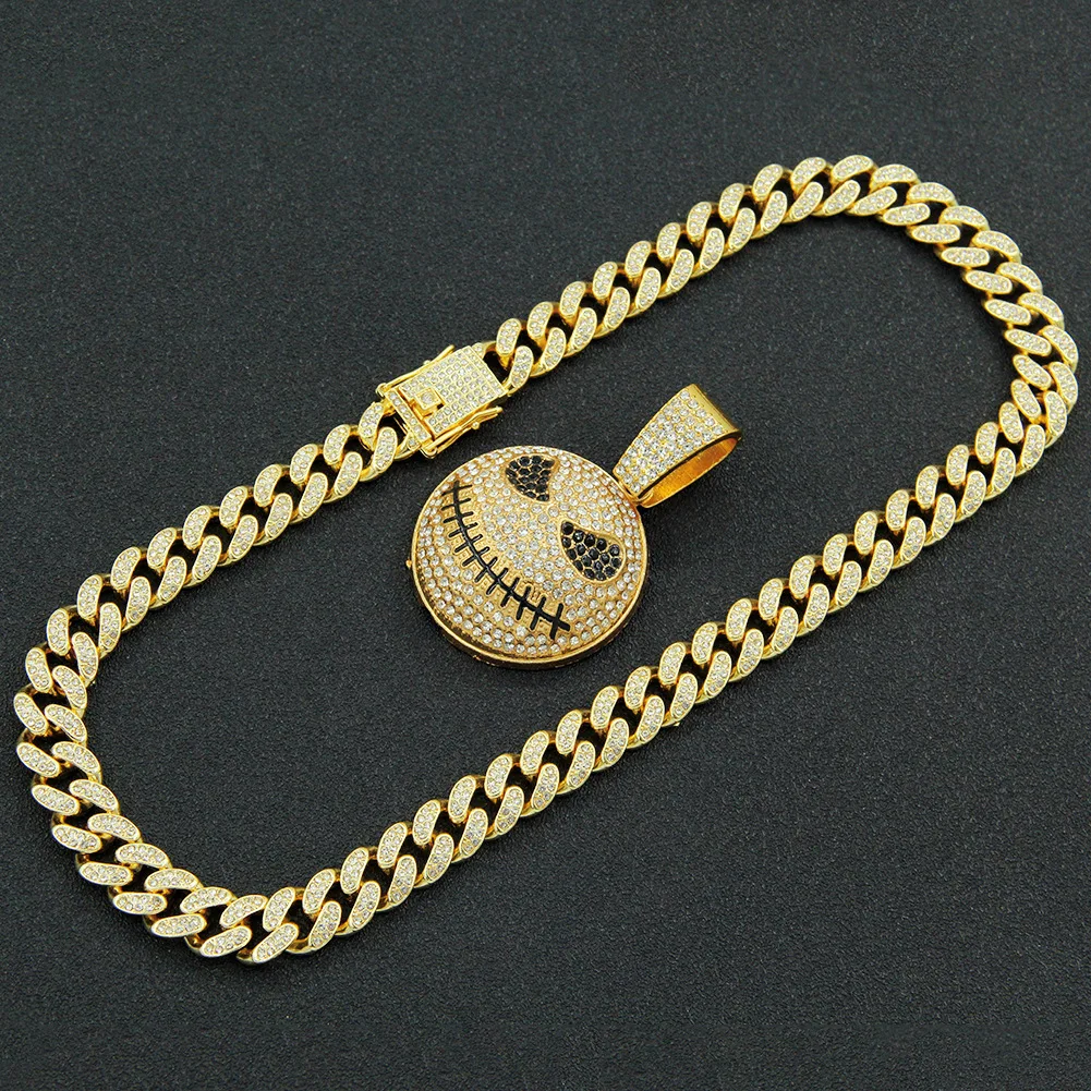 

Hip Hop Iced Out Cuban Chains Bling Diamond Funny Smile Pendant Mens Necklaces Miami Gold Chain Charm Mens Jewelry Choker Gifts