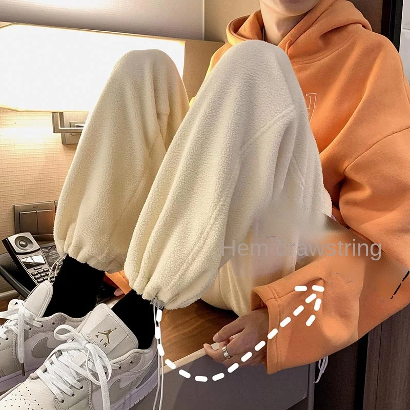 

Брюки мужские на шнуровке, Модные свободные штаны из бархата ягненка, с оборками, в Корейском стиле, повседневные, Осень-зима