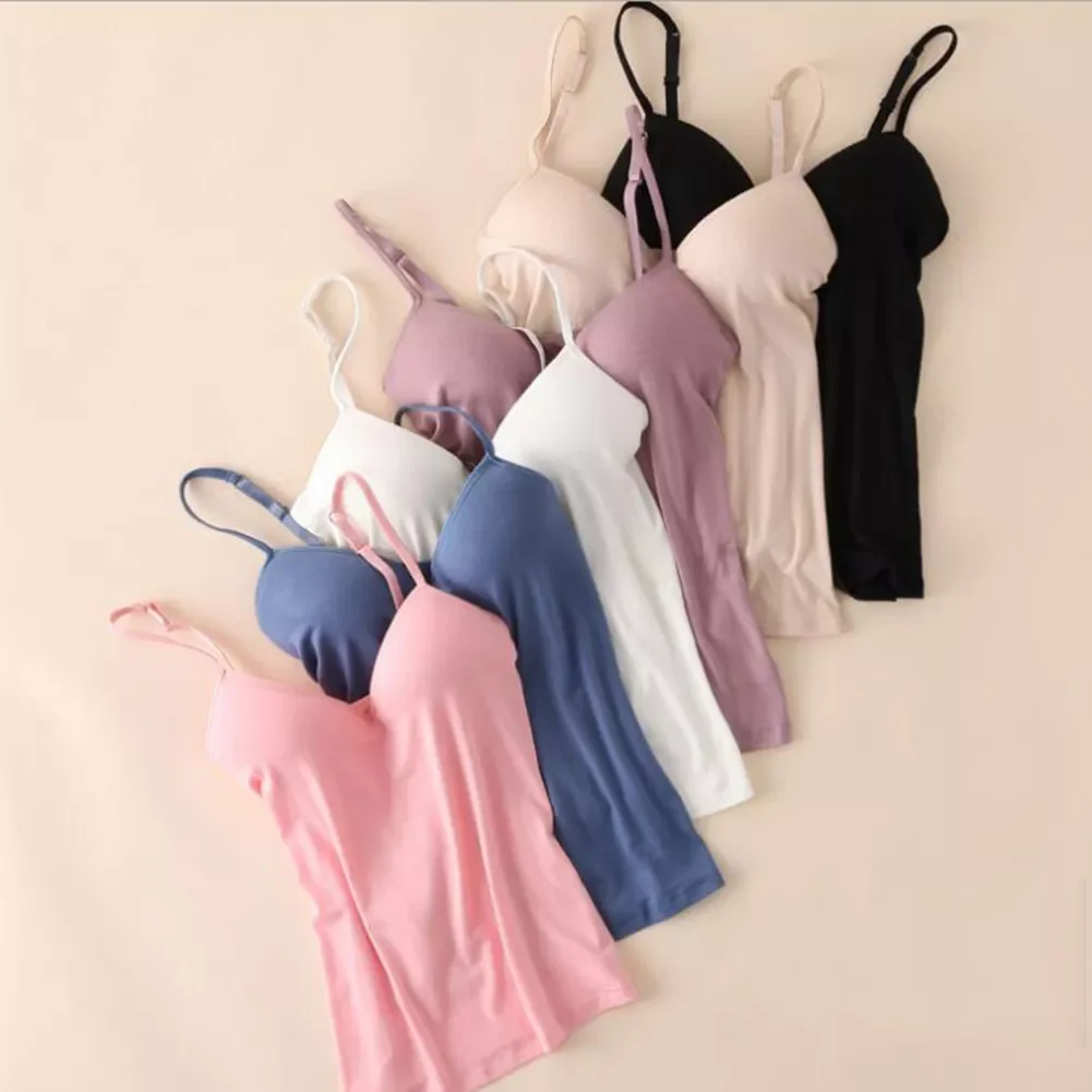 

Lady Camis Soft Tank Casual Top Adjustable thin Strap Vest Womens Camisole With Built In Shelf Bra White Nude Pink White