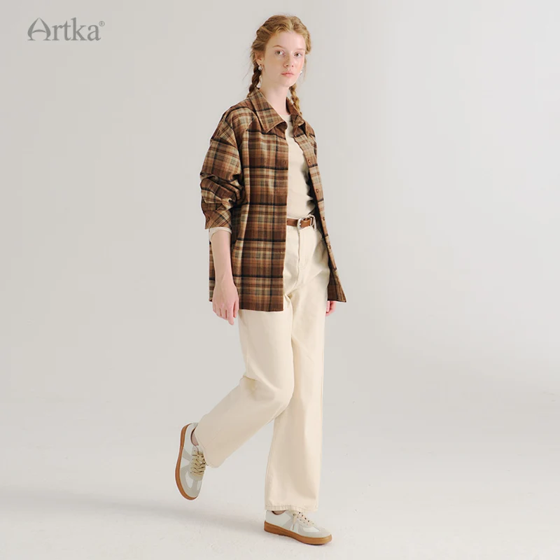 Женская утепленная рубашка в клетку ARTKA синяя Повседневная Свободная винтажном