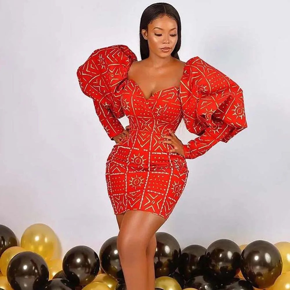 

Ladies Dress Red Sexy Puff Sleeve Dress Package Hip Short Dress Temperament Dress African Print For Women Summer 2022 New