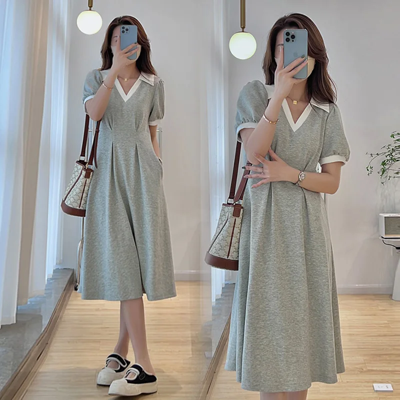 

8056# 2022 Summer Casual Cotton Maternity Long Dress V Neck A Line Slim Clothes for Pregnant Women Pregnancy Clothing