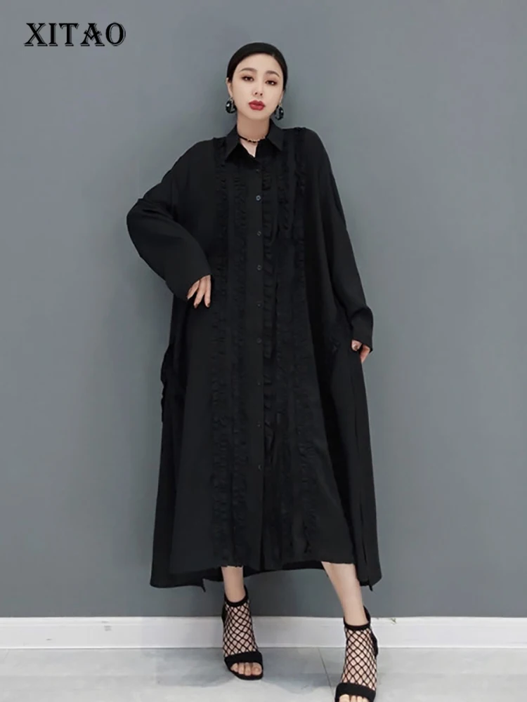 

XITAO Solid Black Shirt Dress Edible Tree Fungus Splicing Loose Big Hem Casual Fashion Spring New Large Size Women GWJ3095