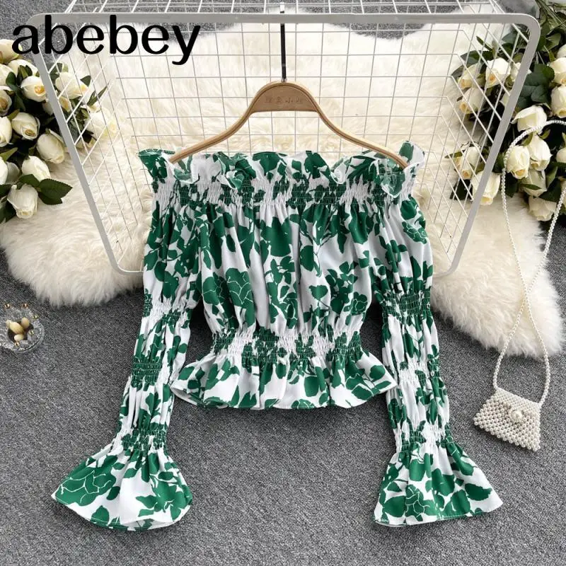 

Women Boho Floral Blouses Slash Neck Flared Sleeve Elastic Ruched Slim Top Autumn Sexy Off Shoulder Short Print Blouse