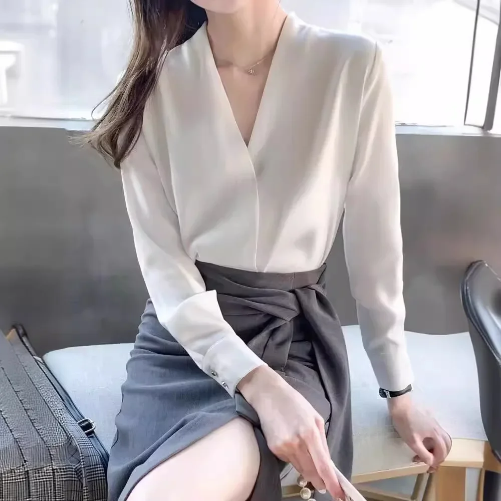 Элегантная шифоновая белая рубашка с v-образным вырезом женская рабочая одежда