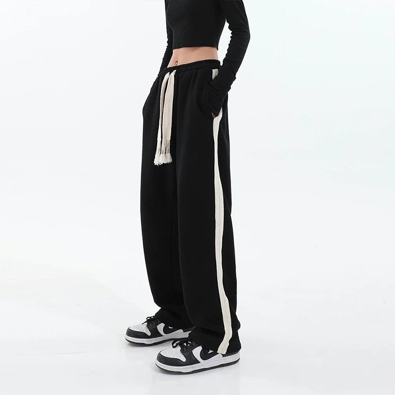 

Korean Style Sweatpants Women Y2k Fashion Casual Wide Leg Pants Drawstring Mopping Autumn Winter Black Straight Baggy Trousers