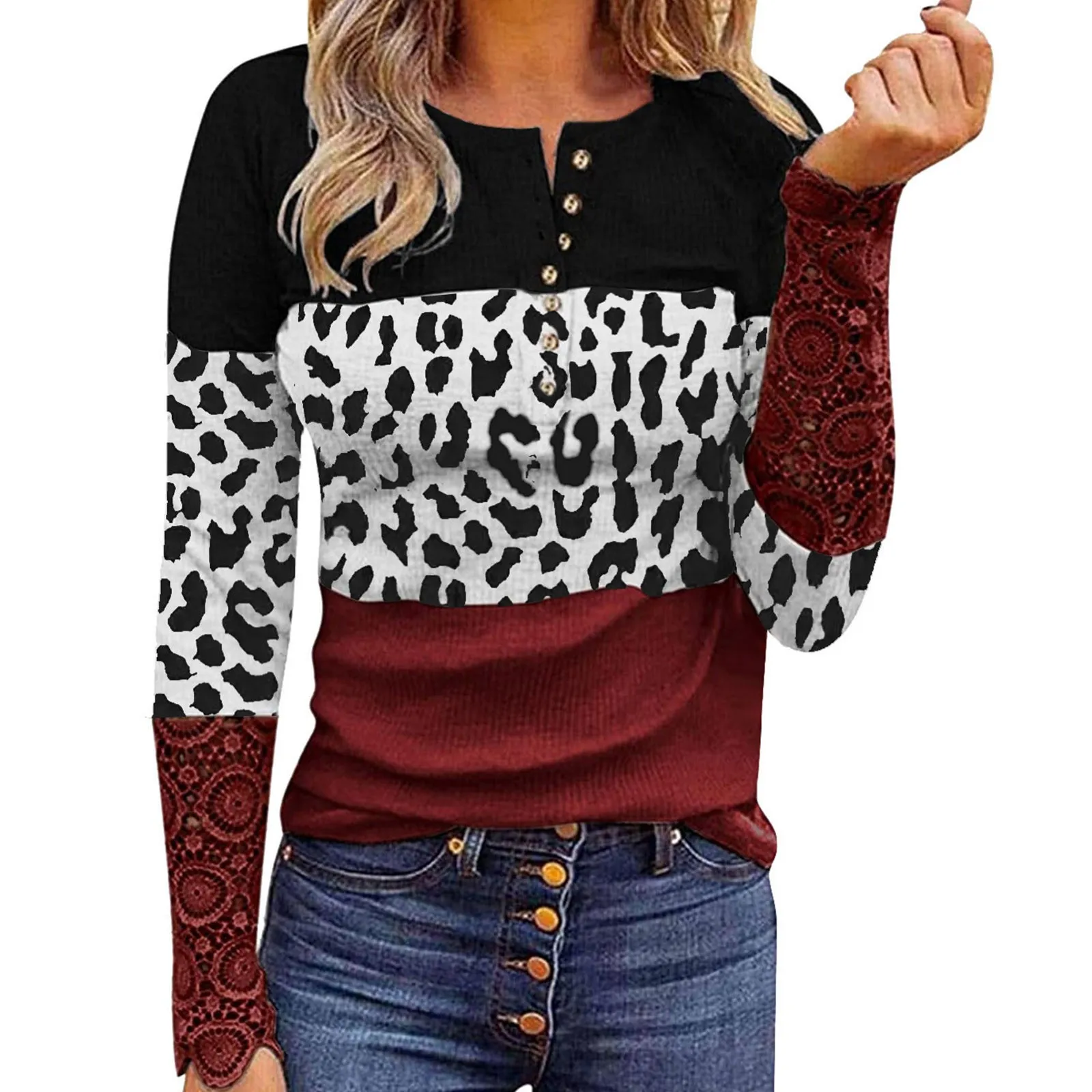 

Women Fashion Patchwork Printing Lace Long Sleeve Casual Button Pullover Sweatshirt Top одяг жіночий plus size blusa mujer moda